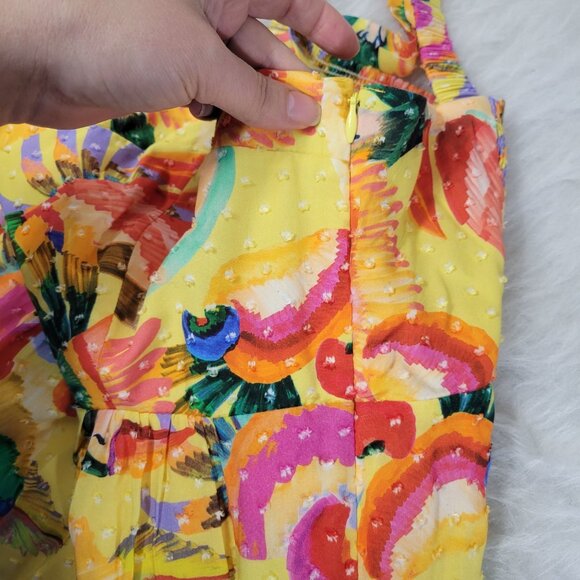 Farm Rio Yellow Textured Tropical Floral Swiss Dot Tiered Maxi Dress Medium - Picture 11 of 14